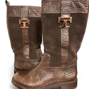 Tory Burch "Corey" Mid-Calf Boots, brown croc-embossed textured leather US 5.5